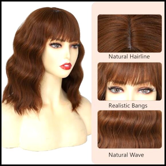 Short Wavy Synthetic Wig with Bangs Shoulder Length Bob Heat Resistant Party main image 3
